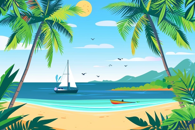 Sea Beach with Palm Trees and a Boat