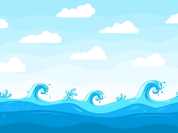 Sea waves background Ocean wave pattern water surface or beach landscape Cartoon sky white clouds blue splashes recent vector illustration