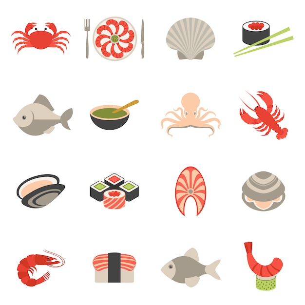 Seafood icons set flat