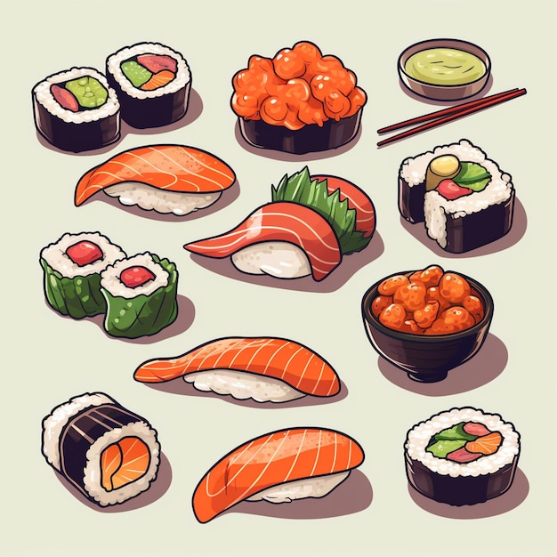 seafood illustration sushi food vector japanese fish rice menu asian restaurant salmon