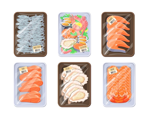 Seafood trays Plastic packaging frozen river red fish or fresh sea food product slice raw salmon tuna wrap container for grocery warehousing shopping cartoon vector illustration