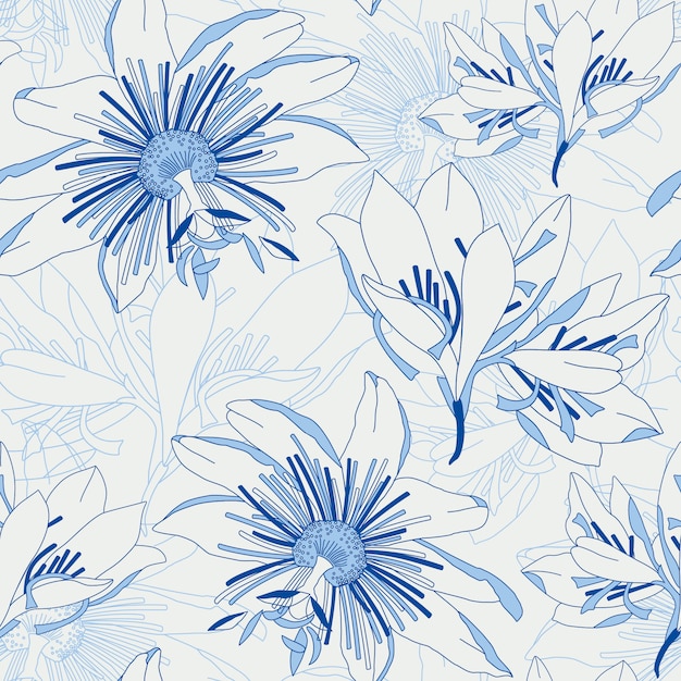 Seamless blue pattern with flowers lily