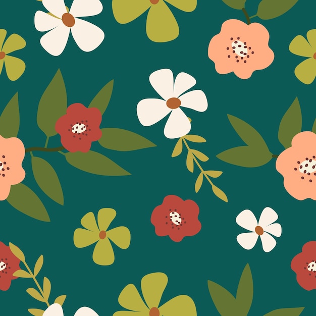 Seamless colorful hand drawn flowers background