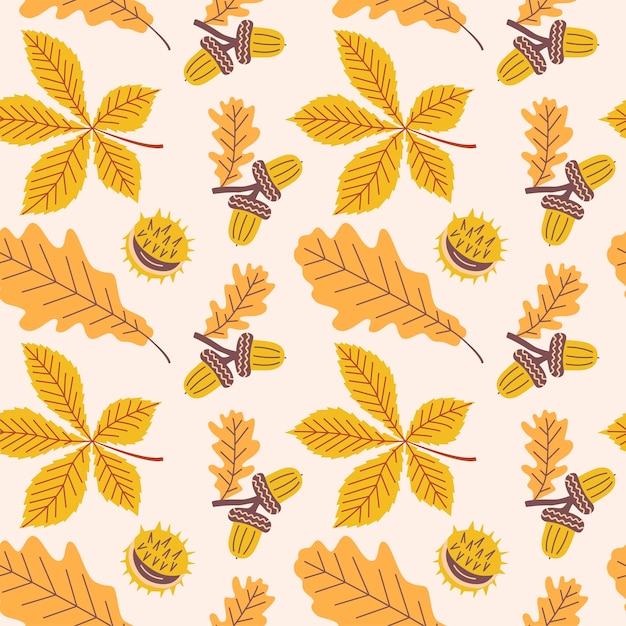 Seamless pattern of autumn plant elements Vector illustration of fruits and leaves in autumn colours