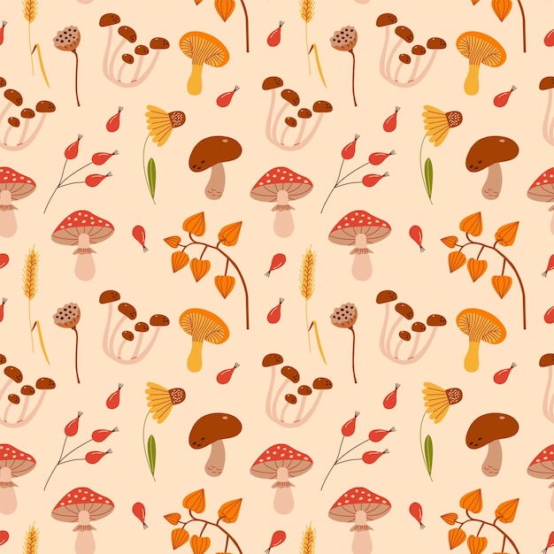 Seamless pattern of autumn plant elements Vector illustration of fruits mushrooms in autumn colours