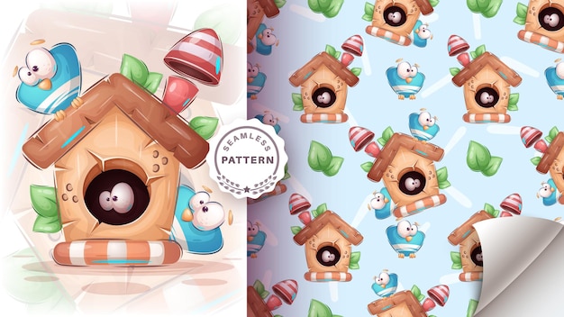 Seamless pattern cartoon character adorable birdhouse