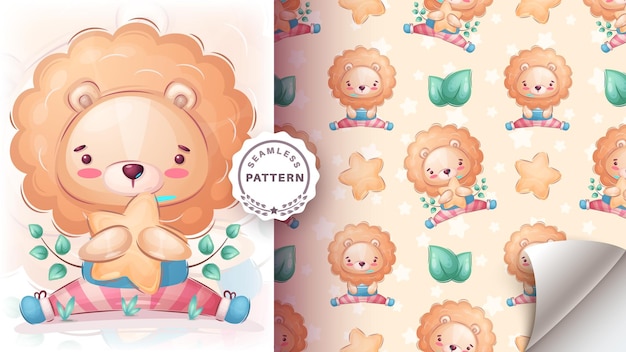 Seamless pattern cartoon character adorable lion