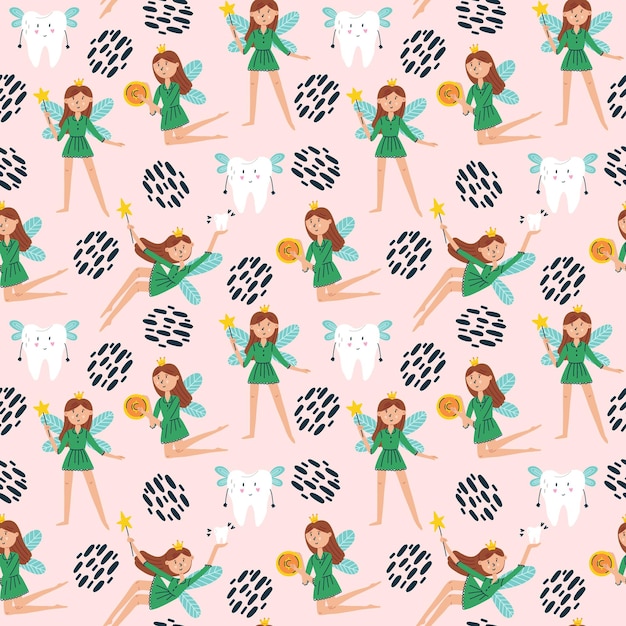 Seamless pattern character tooth fairy with a coin tooth