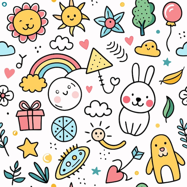 Vector seamless pattern of colorful doodles including sun rainbow hearts stars cloud rabbit and other cute elements