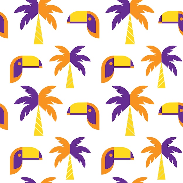 Seamless pattern colorful parrots and palm trees on a white background purple and oange colors