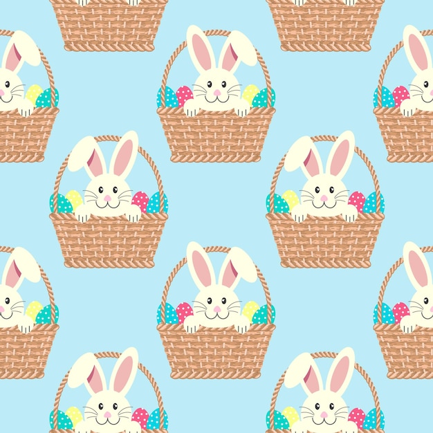 Seamless pattern cute Easter bunnies in baskets with eggs Children's print background textile