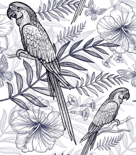 Seamless pattern flowers and birds.