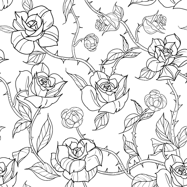 Seamless pattern flowers roses and branches vector illustration