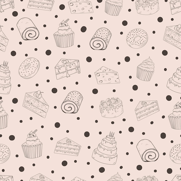 seamless pattern line art cake food. cake pattern illustration.