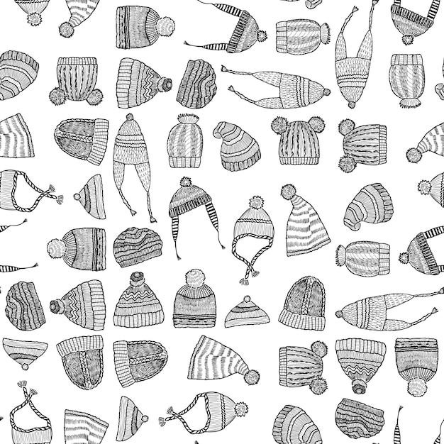 Seamless pattern of outlines various knitted hats
