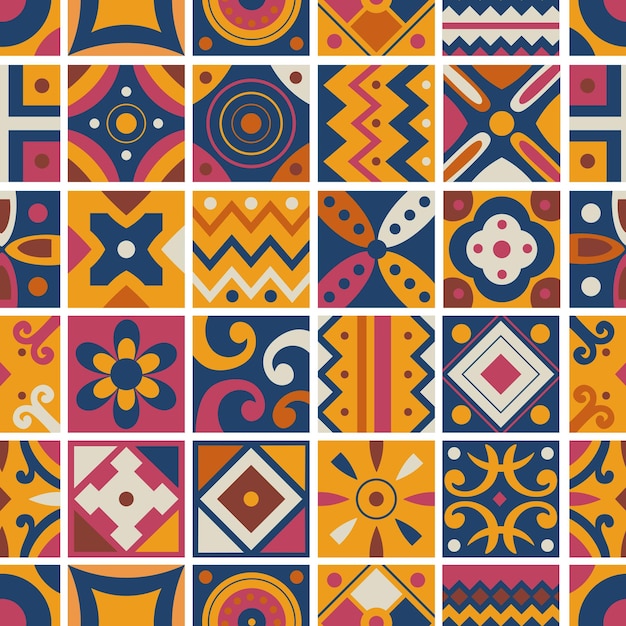 Seamless pattern of square tribal geometric tiles