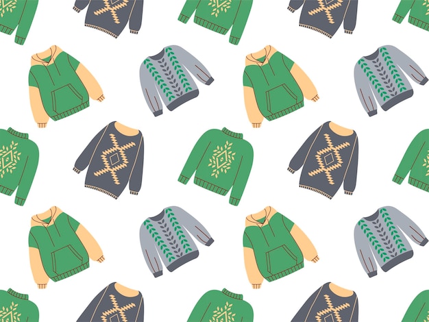 Vector seamless pattern of sweaters or jumpers isolated on white background collection of seasonal warm clothing with prints