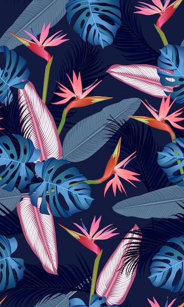 Seamless pattern tropical leaves with bird of paradise