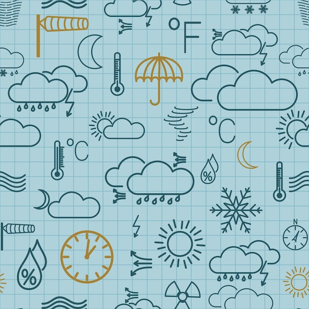 Seamless pattern of weather symbols on light blue checkered background