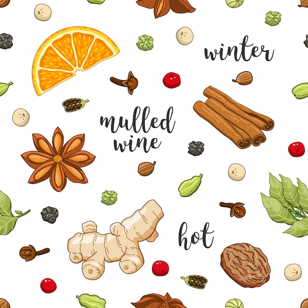 seamless pattern on white with mulled wine