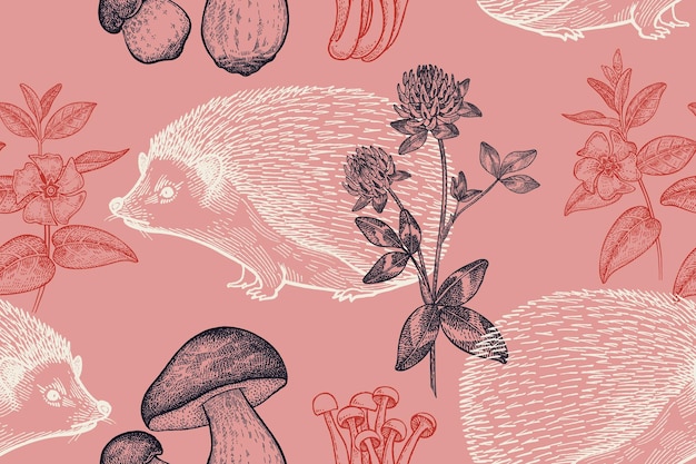 Seamless pattern with animal hedgehog flowers and mushrooms