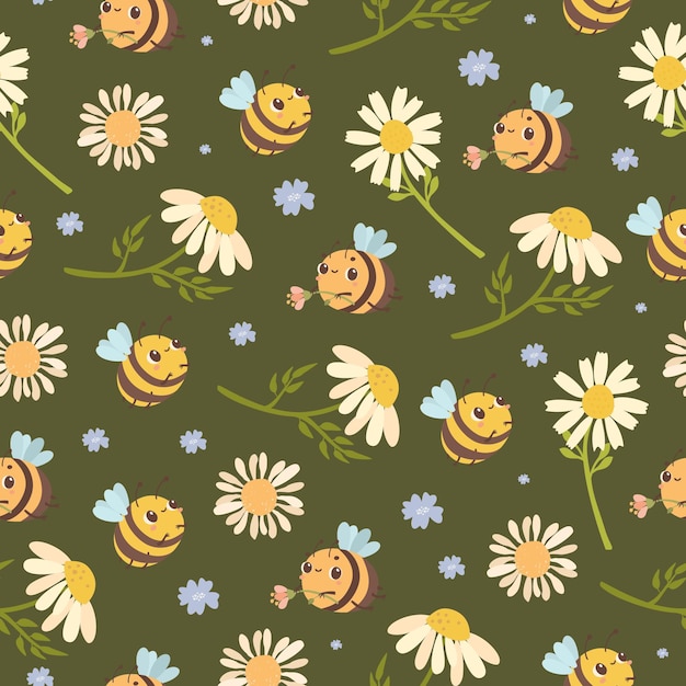 seamless pattern with bees and daisies