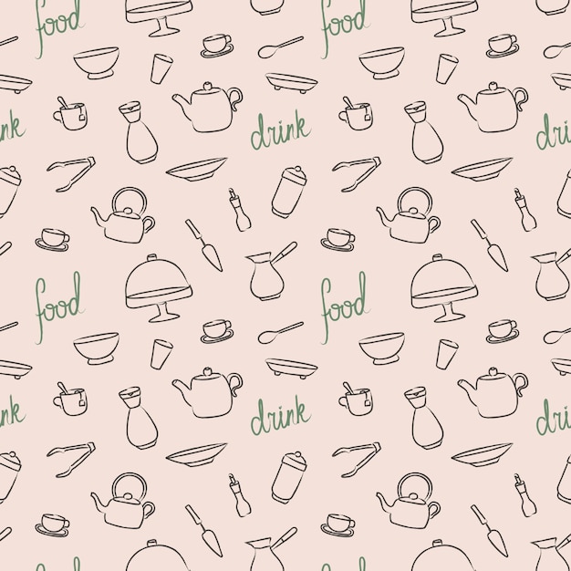 Seamless pattern with brown hand drawn sketchy kitchenware and green text on beige background.