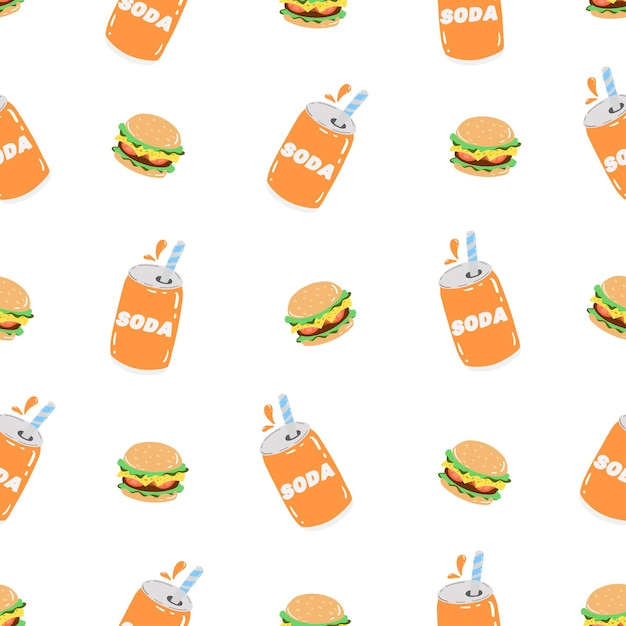 Seamless pattern with burger and soda. Junk food and drinks