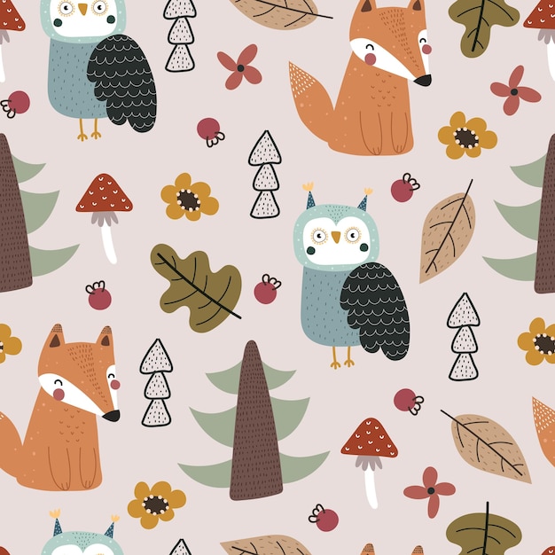 Seamless pattern with cartoon fox tree mushroom