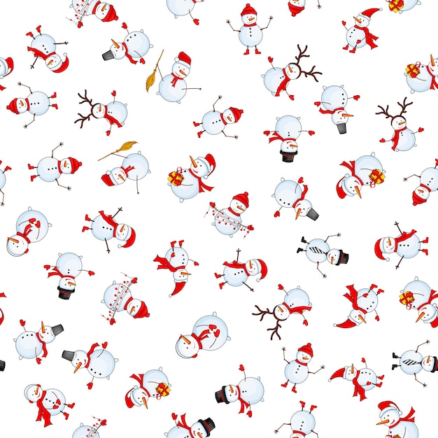 Seamless pattern with cartoon snowman in vector.