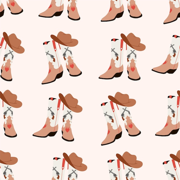 Vector seamless pattern with cowboy boots and hat boot with ornament wild west western theme