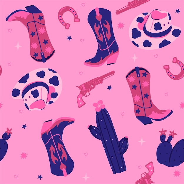 Vector seamless pattern with cowboy boots hats cacti pistols vector graphics