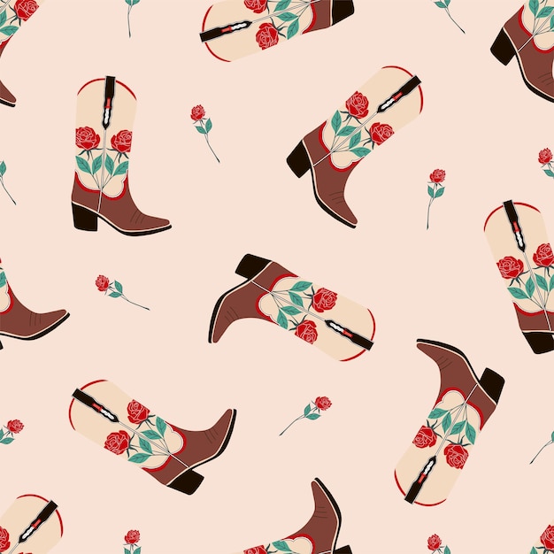 Seamless pattern with cowboy boots and rose Cowboy western and wild west theme