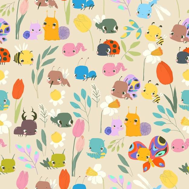 Vector seamless pattern with cute baby insects flowers and plants