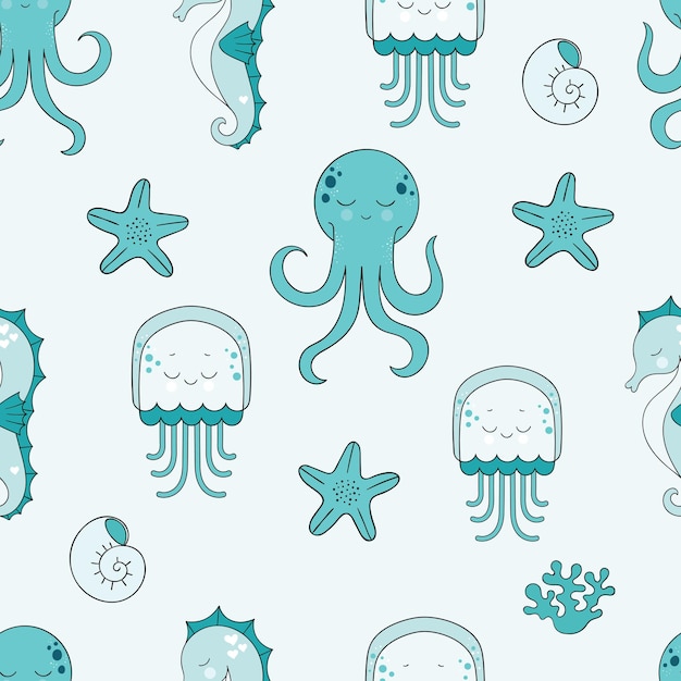 Seamless pattern with cute blue baby octopuses. Vector illustration in cartoon outline style