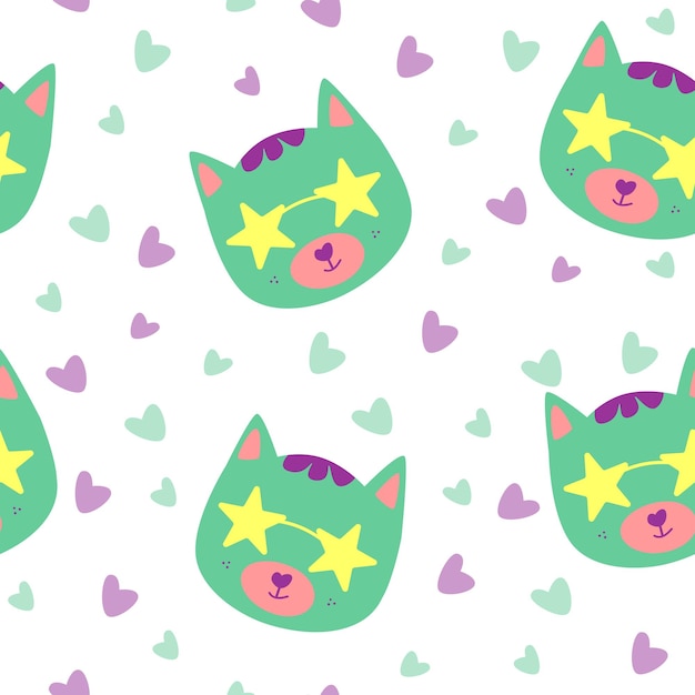 Seamless pattern with a cute cat with star sunglass in bright colors seamless print for backgrounds