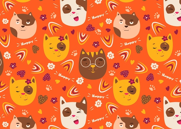 Seamless pattern with cute cats on a bright orange background For textiles clothing