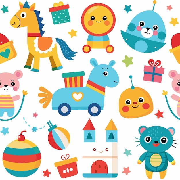 Vector seamless pattern with cute colorful toys for kids and babies