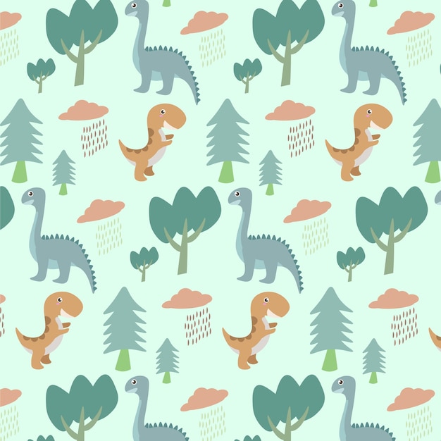 Seamless pattern with cute dinosaurs flat vector illustration childish background