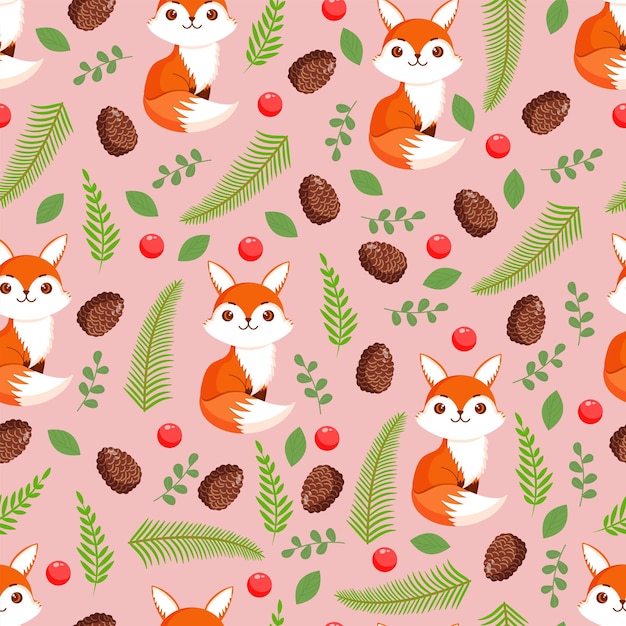 Seamless pattern with cute fox cones berries and leaves Texture with animals for textiles