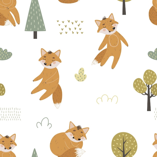 Vector seamless pattern with cute foxes and autumn trees on a white background for children's textiles