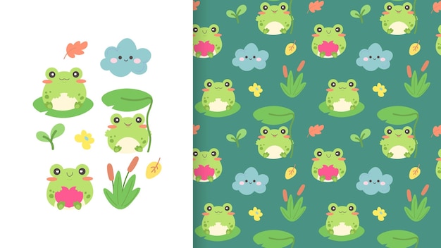 Vector seamless pattern with cute kawaii frogs kids ornament for textiles fabrics clothes vector illustration with elements for design