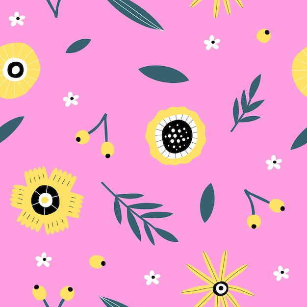 Seamless pattern with flowers berries and leaves Great for fabric or wrapping paper