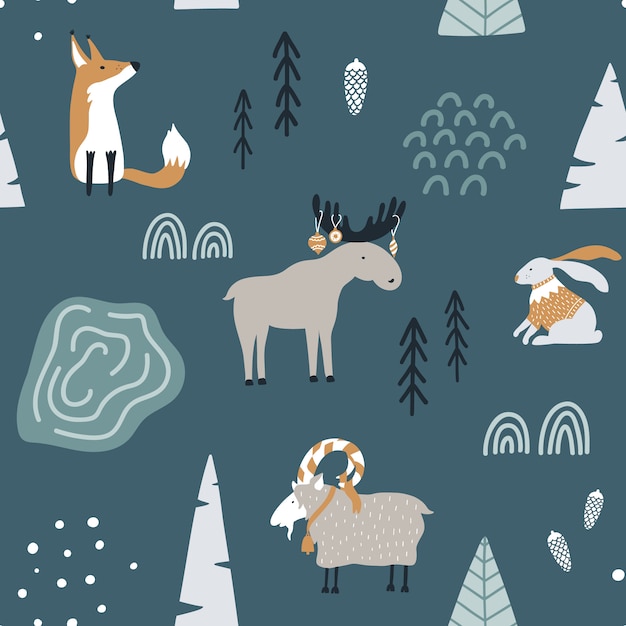 Vector seamless pattern with fox, goat, elk and rabbit in forest. 