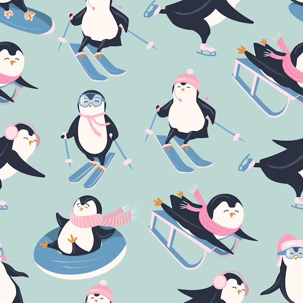 Seamless pattern with funny penguins who are engaged in winter entertainment