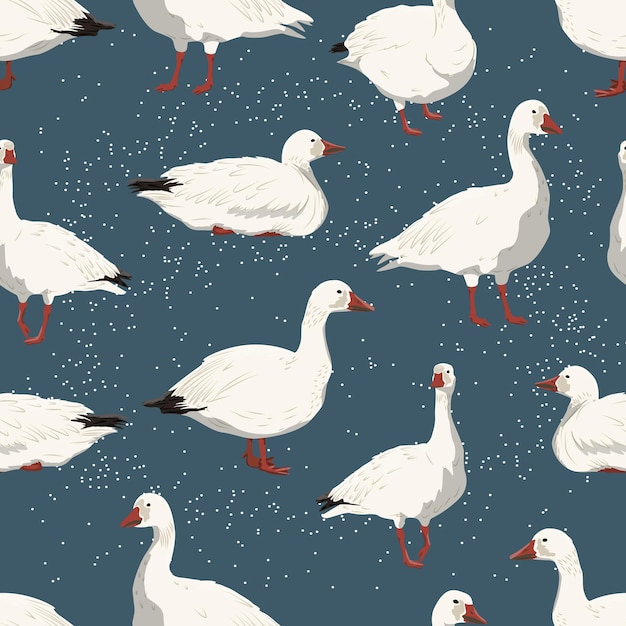 Vector seamless pattern with snow geese and snowfall white arctic goose anser caerulescens