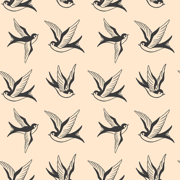 Vector seamless pattern with swallows in old school tattoo style. for poster, card, banner, flyer. vector illustration