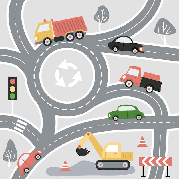 seamless pattern with various cars traffic lights and road signs on a grey background