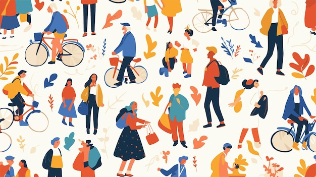 Vector seamless pattern of young and elderly people walking together