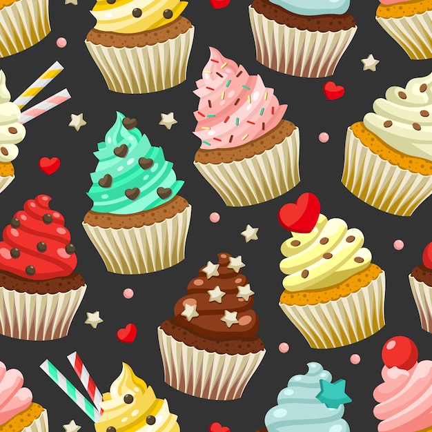 Seamless pattern of yummy colored cupcakes